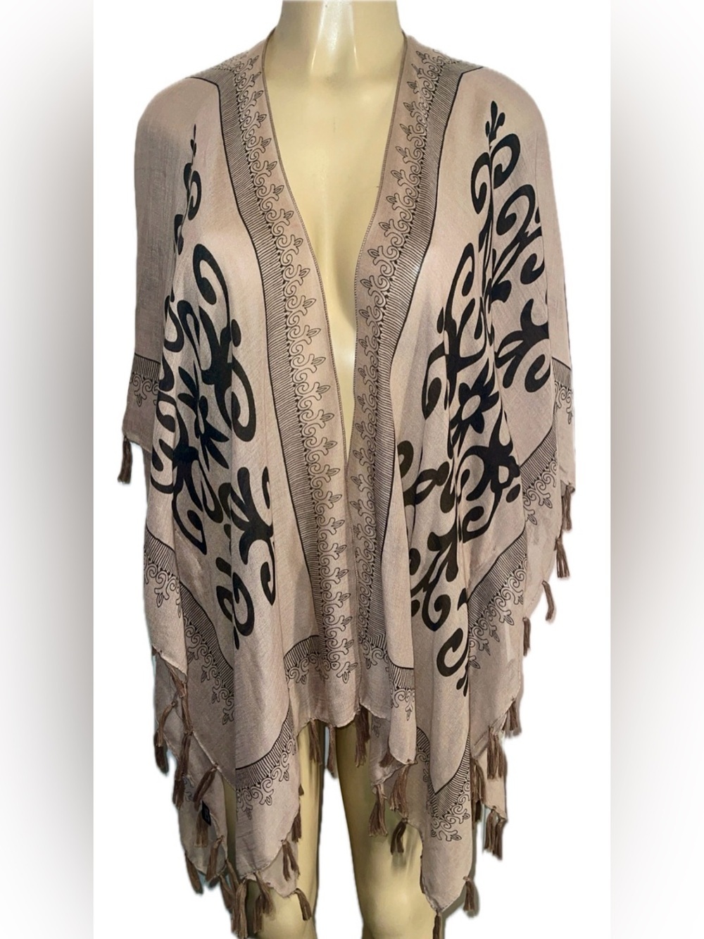 Janice Tan Beige Kimono Style Wrap Black Damask Scroll Floral Print Fringe OSFM